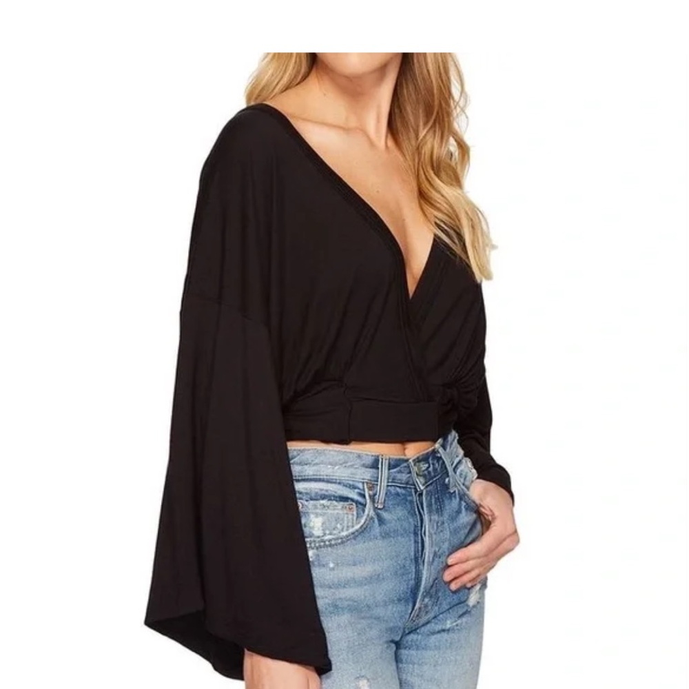 Free People Black Wrap V-Neck Blouse